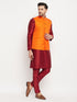 Vastramay Men's Orange Matka Silk Nehru Jacket With Maroon Silk Blend Kurta and Pant style Pyjama Set